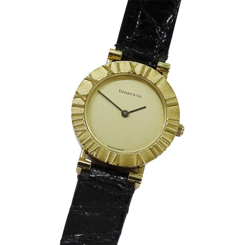 Tiffany & Co.) 女士 Atlas 石英腕錶，QZ 750YG，18K 金，黑色皮革錶帶，拋光，L0630