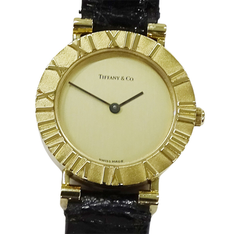 Tiffany & Co.) 女士 Atlas 石英腕錶，QZ 750YG，18K 金，黑色皮革錶帶，拋光，L0630-1