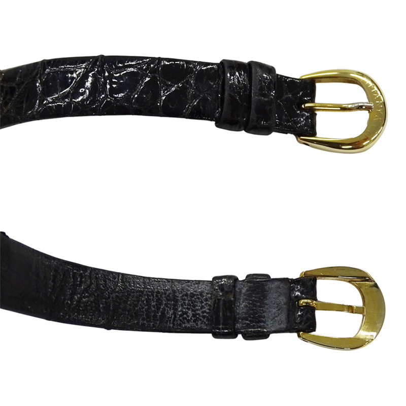 Tiffany & Co.) 女士 Atlas 石英腕錶，QZ 750YG，18K 金，黑色皮革錶帶，拋光，L0630-3