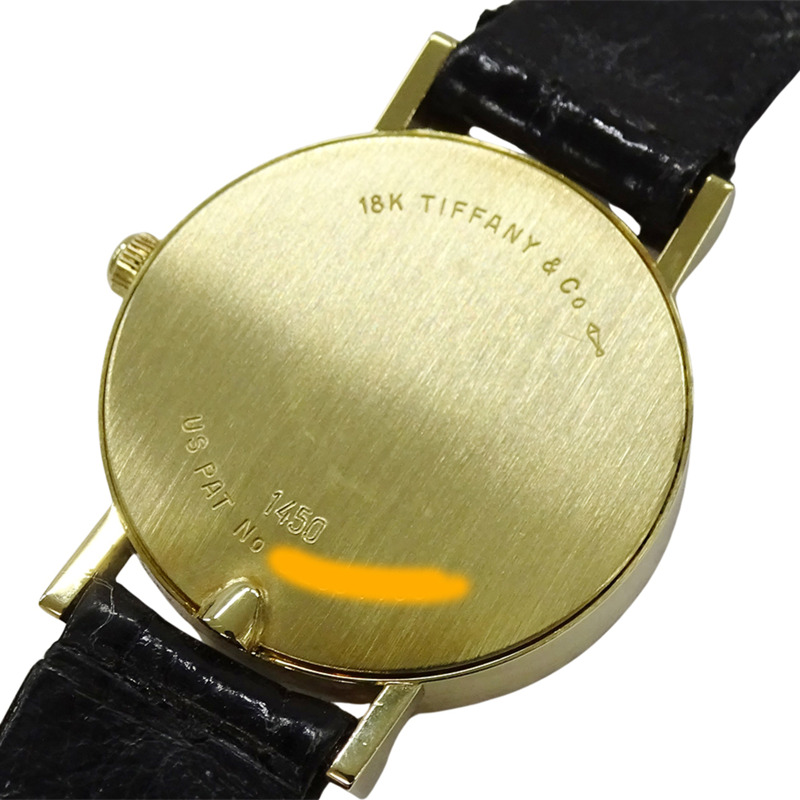 Tiffany & Co.) 女士 Atlas 石英腕錶，QZ 750YG，18K 金，黑色皮革錶帶，拋光，L0630-6