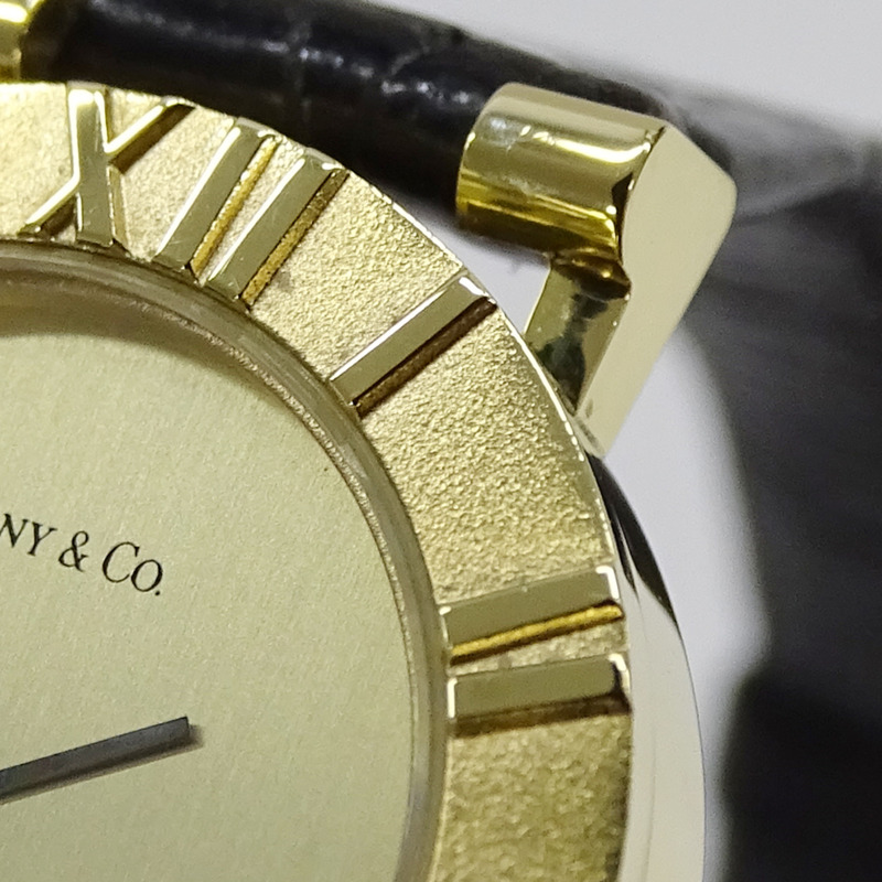 Tiffany & Co.) 女士 Atlas 石英腕錶，QZ 750YG，18K 金，黑色皮革錶帶，拋光，L0630-9