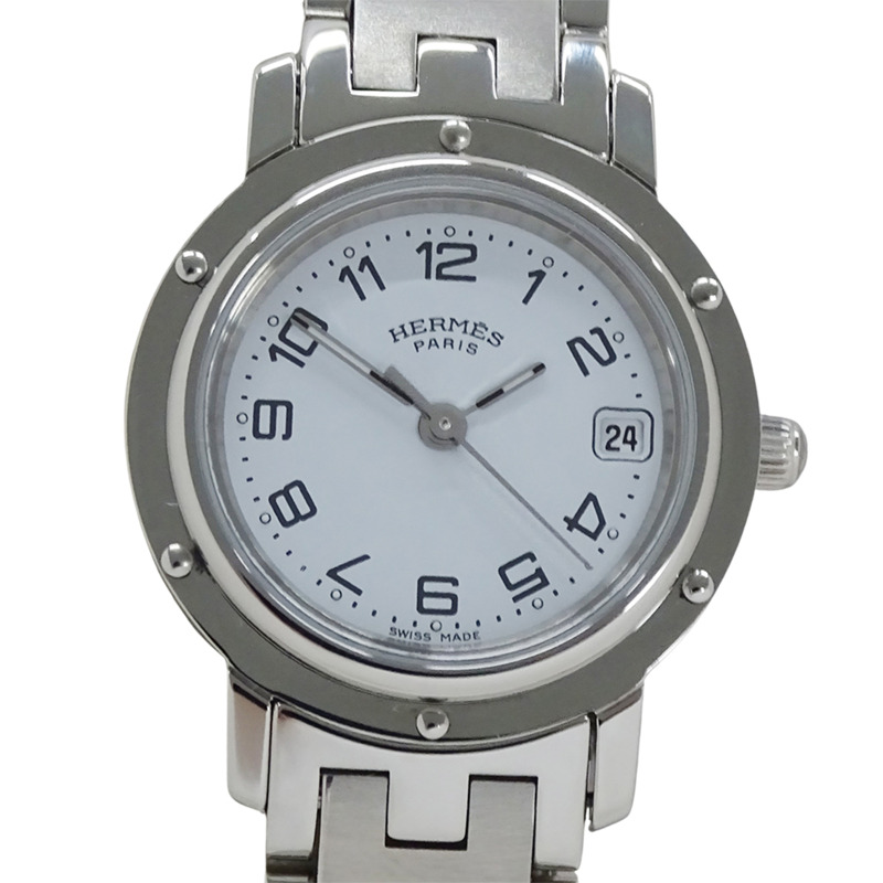 愛馬仕 Clipper Date 女士石英腕錶，不鏽鋼材質，CL4.210，銀/白色，拋光處理-1