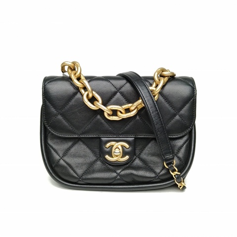CHANEL 黑色牛皮晶片開金扣季節款粗鏈條手柄翻蓋單肩包