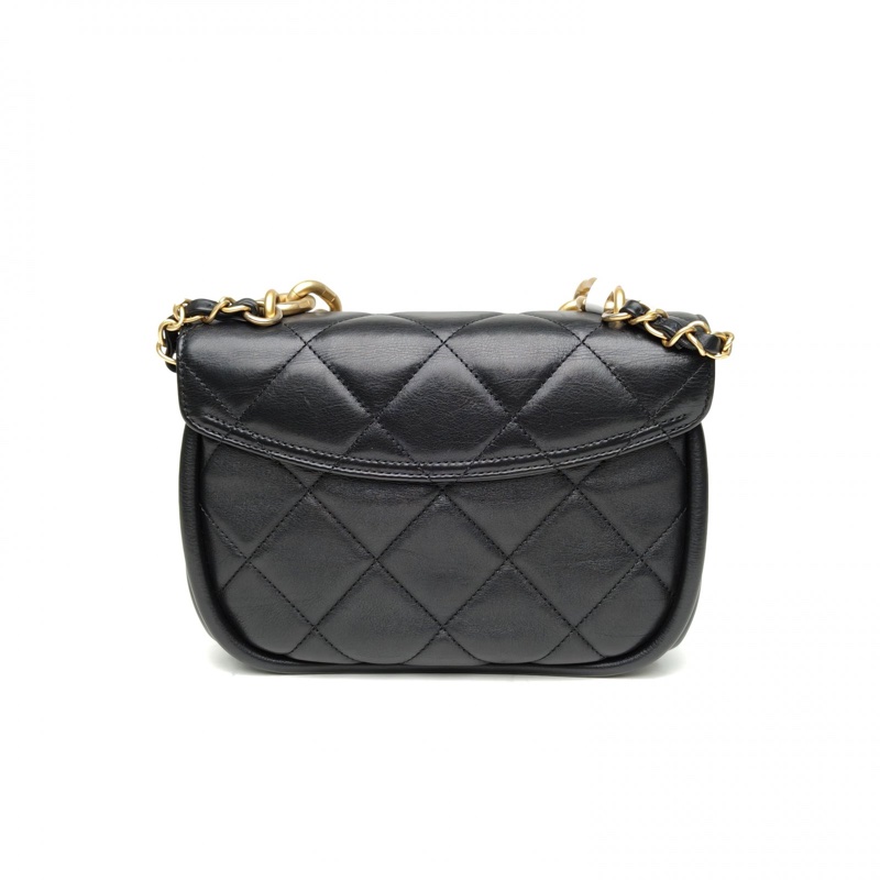 CHANEL 黑色牛皮晶片開金扣季節款粗鏈條手柄翻蓋單肩包-2
