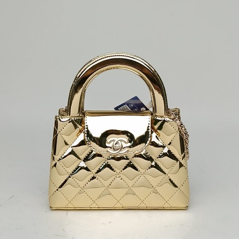 CHANEL 金色漆皮晶片開Kelly鏈條手柄手提包小號26C