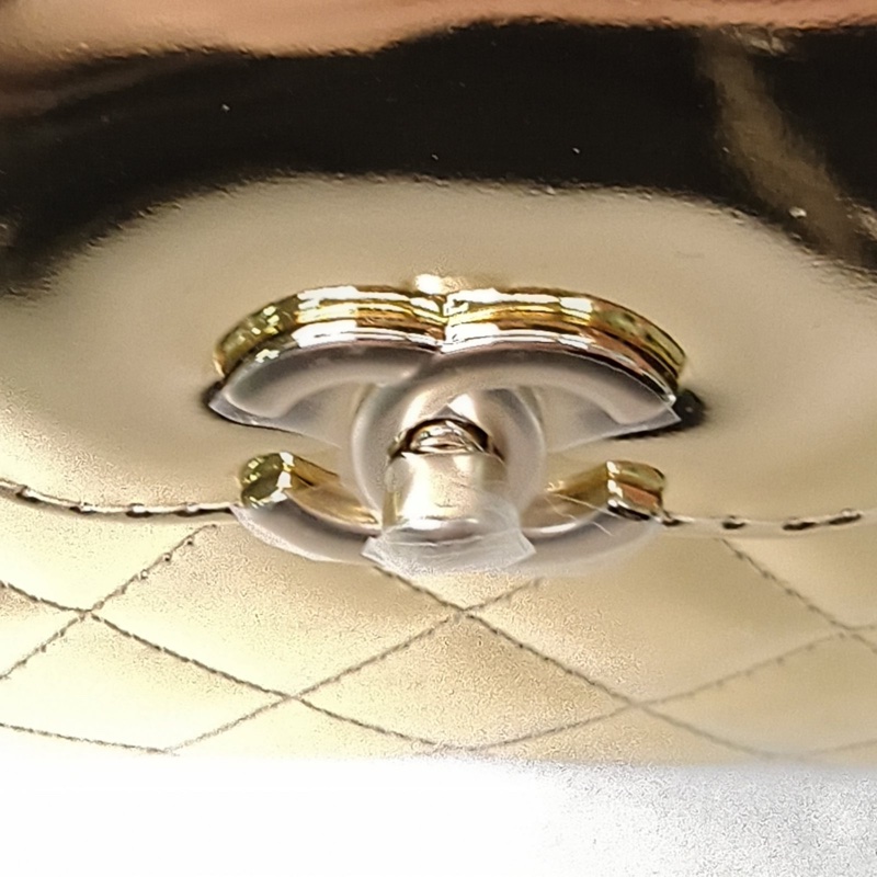 CHANEL 金色漆皮晶片開Kelly鏈條手柄手提包小號26C-4