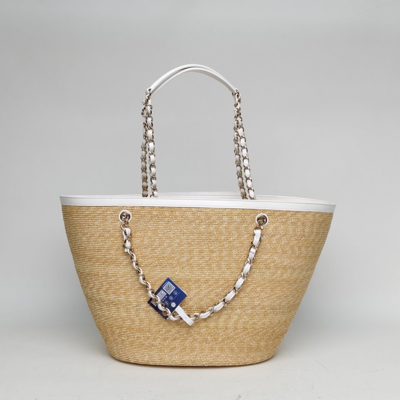 CHANEL 拼色羊皮草編晶片開26C菜籃子手提包大號購物包-2