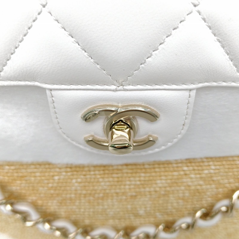 CHANEL 拼色羊皮草編晶片開26C菜籃子手提包大號購物包-4