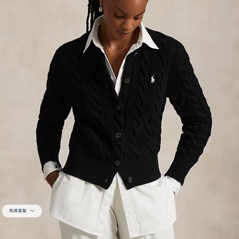 Polo Ralph Lauren 絞花針織羊毛喀什米爾羊毛混紡開襟衫-0