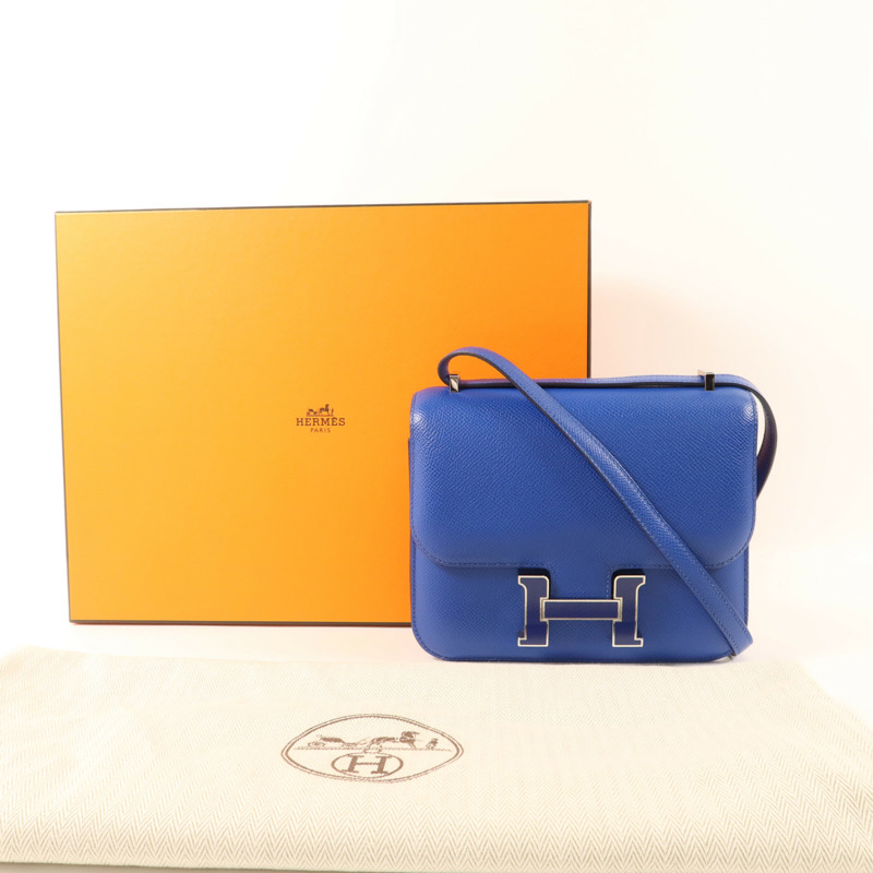 HERMES Epsom皮革Constance Mini銀扣手挽肩背兩用袋Bleu France-9
