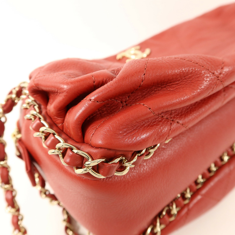 CHANEL 牛皮皮革Chain Shoulder金扣鏈帶肩背袋-12