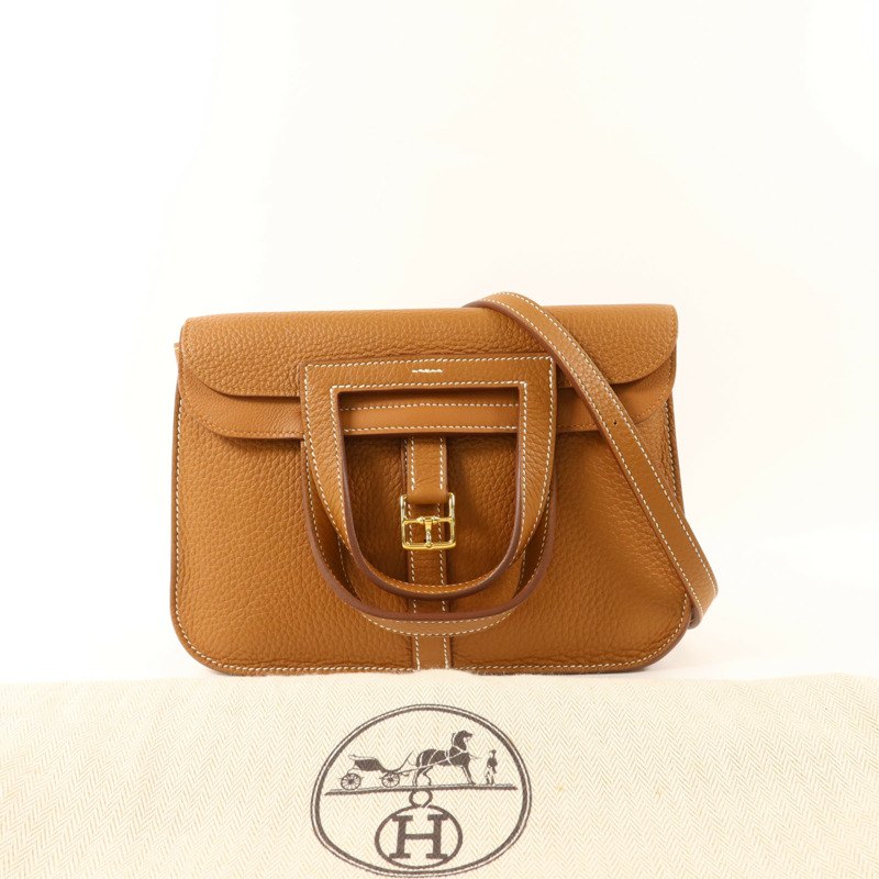HERMES Clemence皮革Halzan 25金扣手挽肩背兩用袋Gold-9