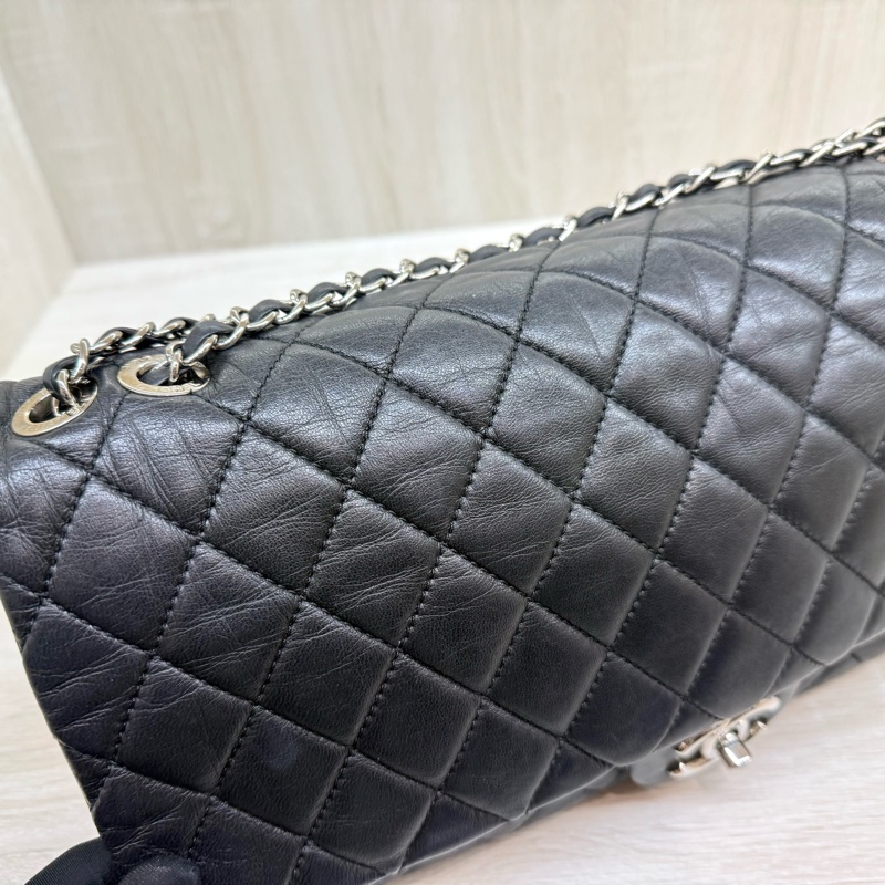 CHANEL黑色菱格紋羊皮銀釦下蓋雨衣兩用鏈包A48556-7