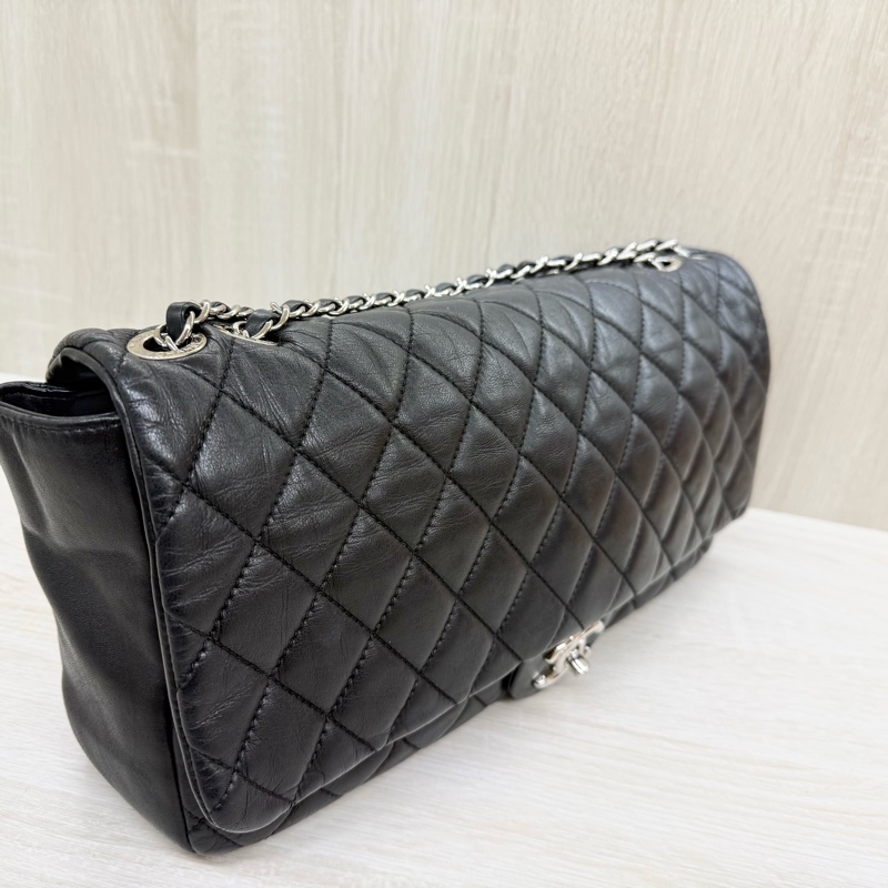 CHANEL黑色菱格紋羊皮銀釦下蓋雨衣兩用鏈包A48556-8