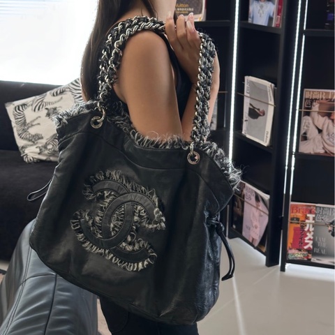 CHANEL炭灰色羊皮拚毛呢大雙銀釦雙耳福袋肩背包A49559