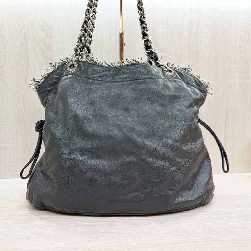 CHANEL炭灰色羊皮拚毛呢大雙銀釦雙耳福袋肩背包A49559-2