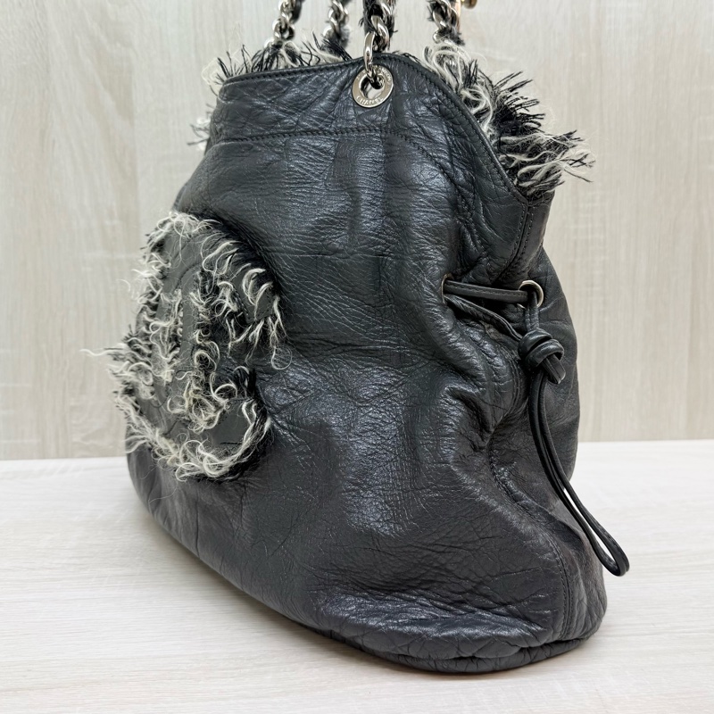 CHANEL炭灰色羊皮拚毛呢大雙銀釦雙耳福袋肩背包A49559-3