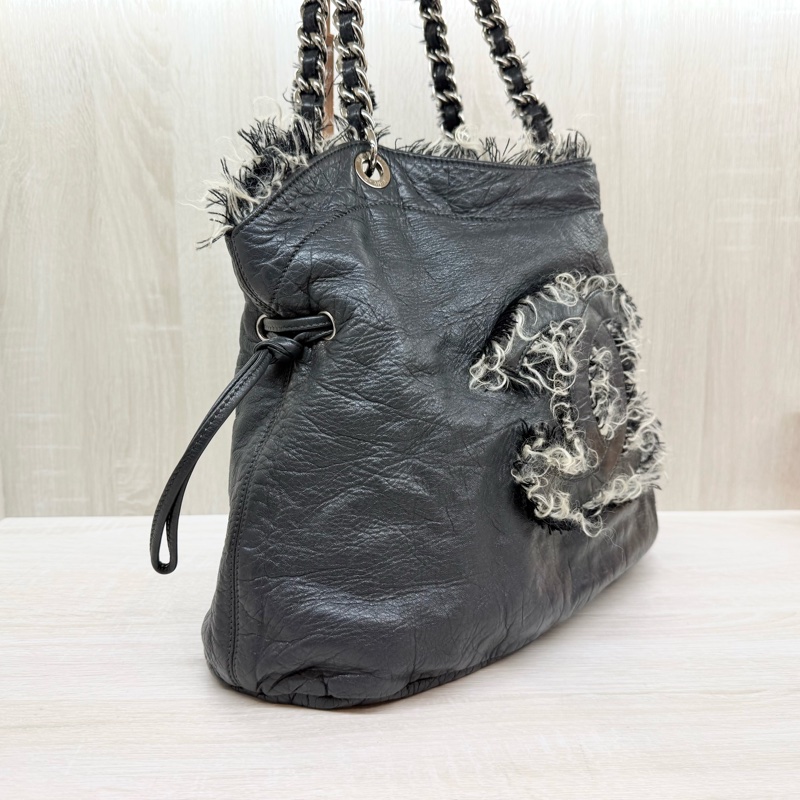 CHANEL炭灰色羊皮拚毛呢大雙銀釦雙耳福袋肩背包A49559-4