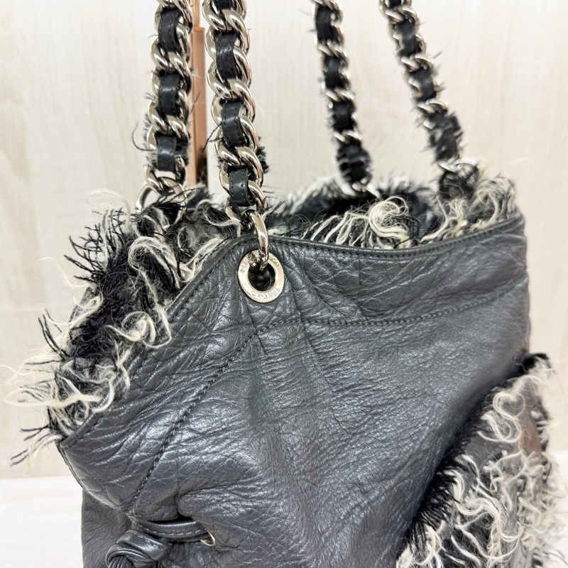 CHANEL炭灰色羊皮拚毛呢大雙銀釦雙耳福袋肩背包A49559-5