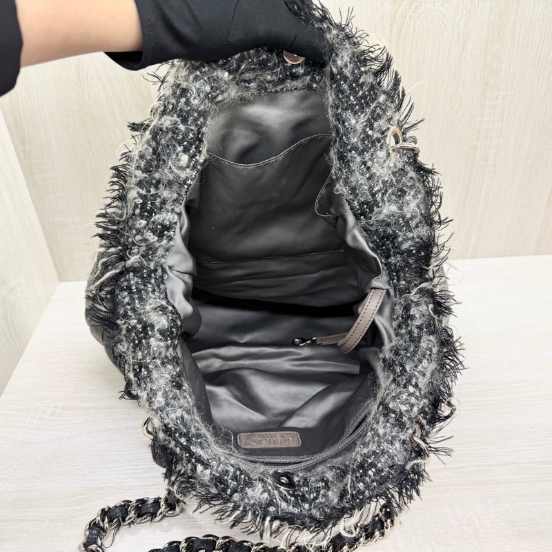 CHANEL炭灰色羊皮拚毛呢大雙銀釦雙耳福袋肩背包A49559-7