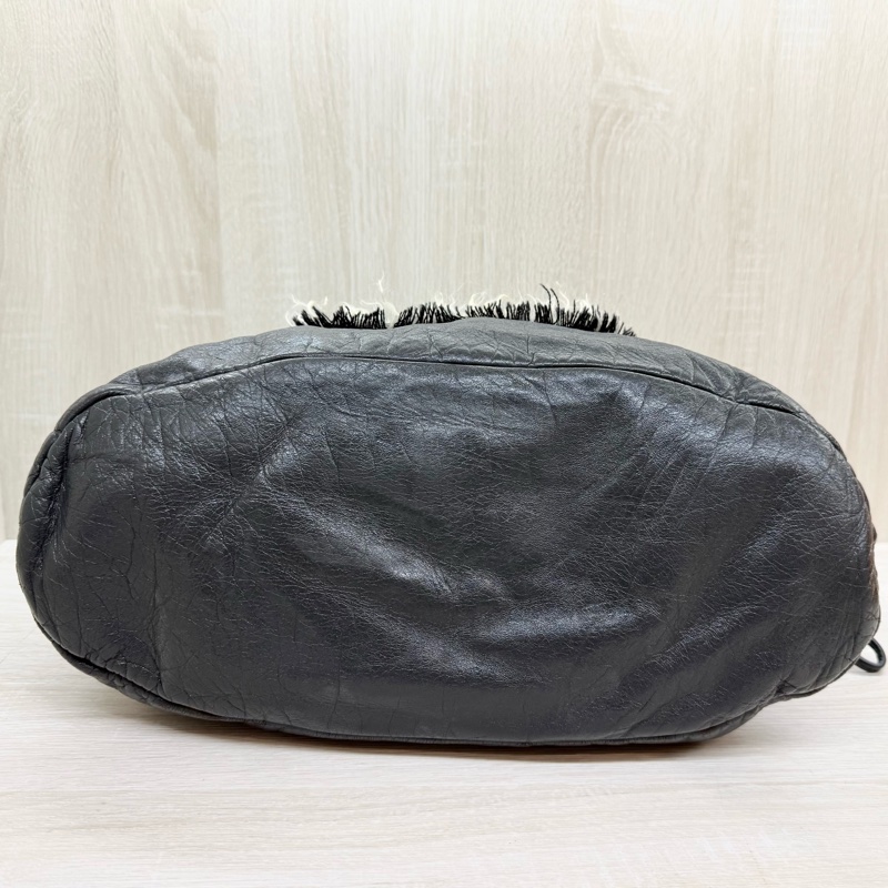 CHANEL炭灰色羊皮拚毛呢大雙銀釦雙耳福袋肩背包A49559-8