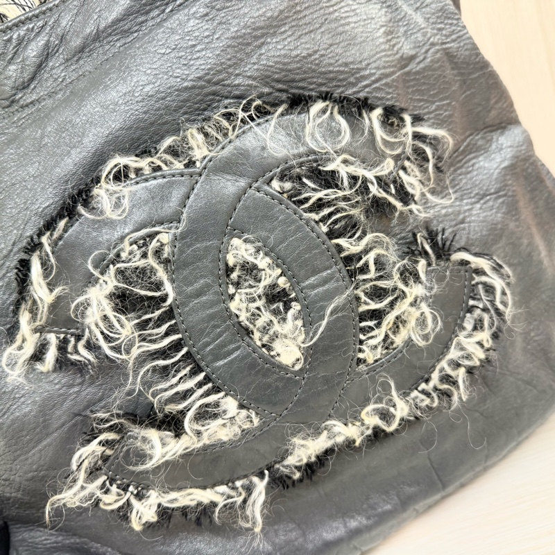 CHANEL炭灰色羊皮拚毛呢大雙銀釦雙耳福袋肩背包A49559-10