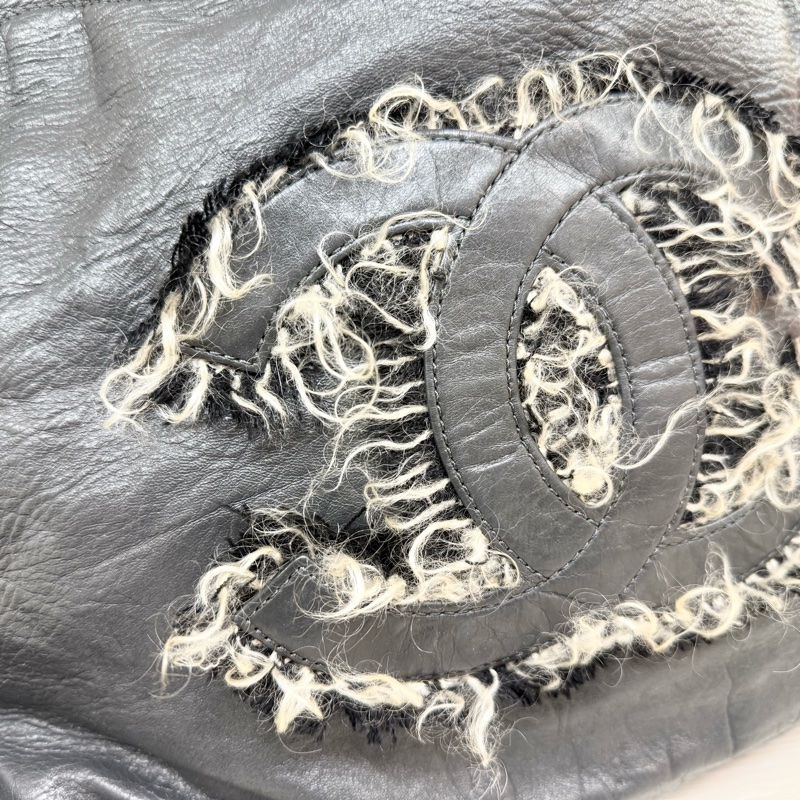 CHANEL炭灰色羊皮拚毛呢大雙銀釦雙耳福袋肩背包A49559-11