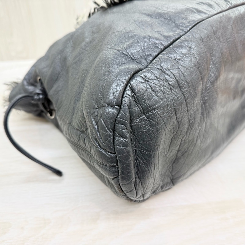 CHANEL炭灰色羊皮拚毛呢大雙銀釦雙耳福袋肩背包A49559-13