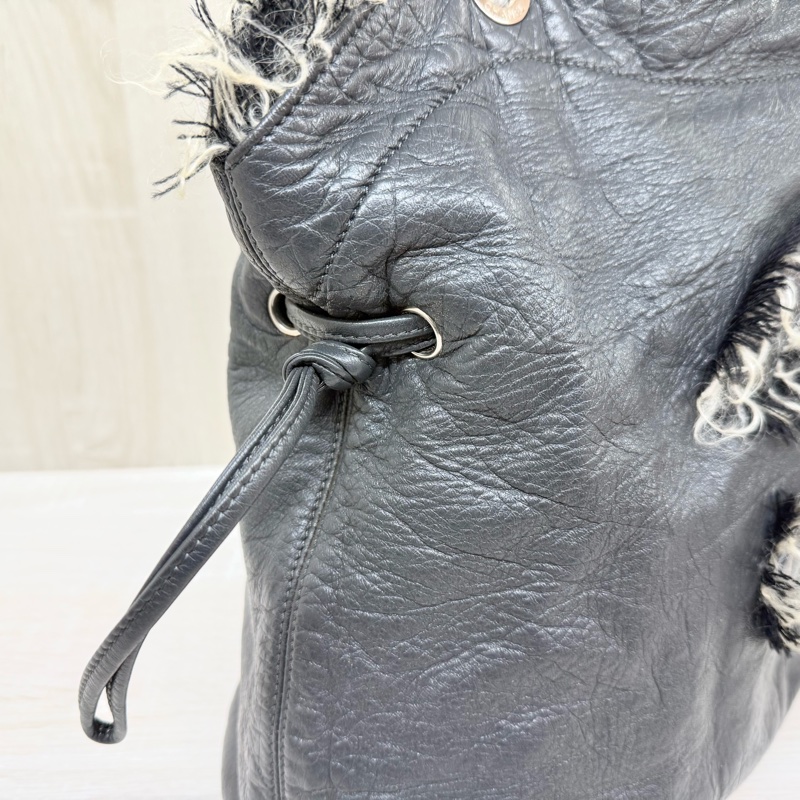 CHANEL炭灰色羊皮拚毛呢大雙銀釦雙耳福袋肩背包A49559-14