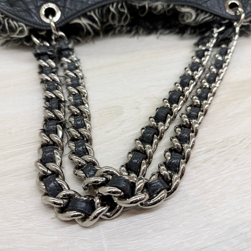 CHANEL炭灰色羊皮拚毛呢大雙銀釦雙耳福袋肩背包A49559-18