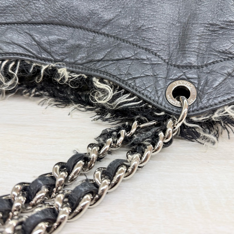 CHANEL炭灰色羊皮拚毛呢大雙銀釦雙耳福袋肩背包A49559-19