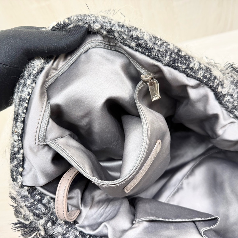 CHANEL炭灰色羊皮拚毛呢大雙銀釦雙耳福袋肩背包A49559-21