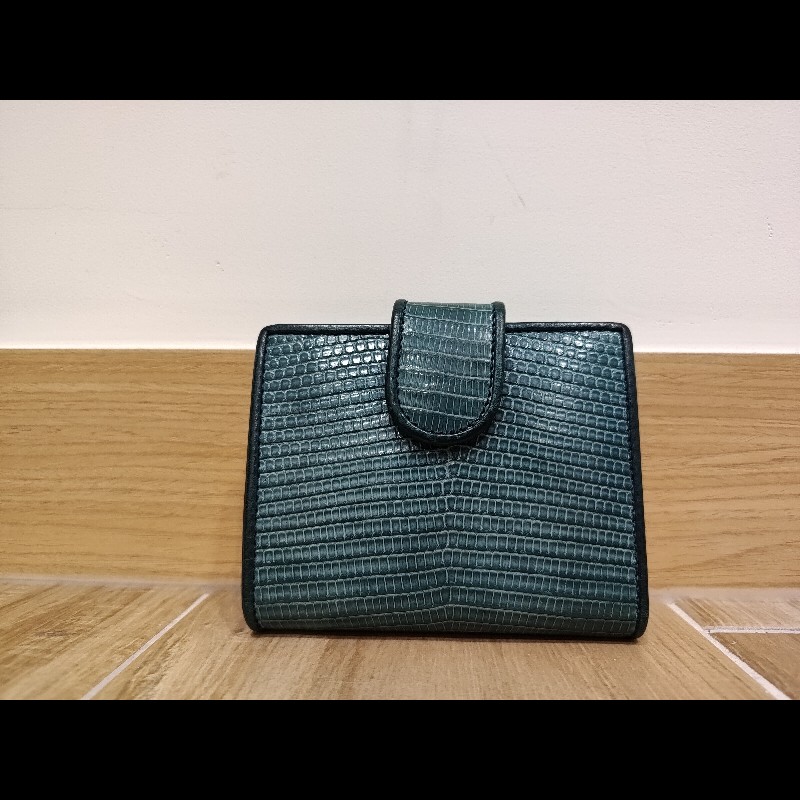 Gucci  GG LOGO 礦石綠色牛皮 蜥蜴皮紋 金釦 短夾 錢包 零錢包 信用卡夾 限量商品-1