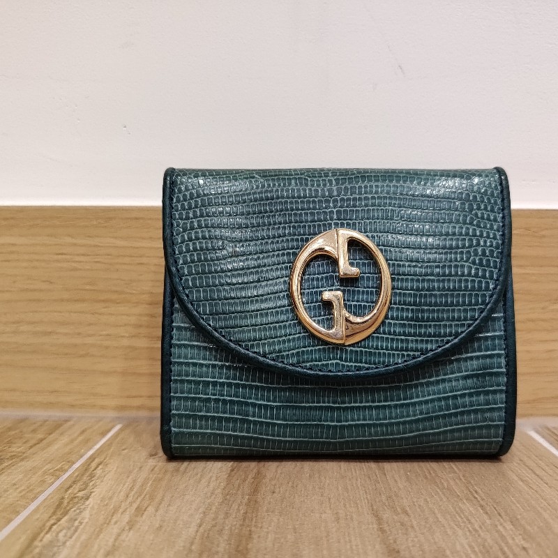 Gucci  GG LOGO 礦石綠色牛皮 蜥蜴皮紋 金釦 短夾 錢包 零錢包 信用卡夾 限量商品-6