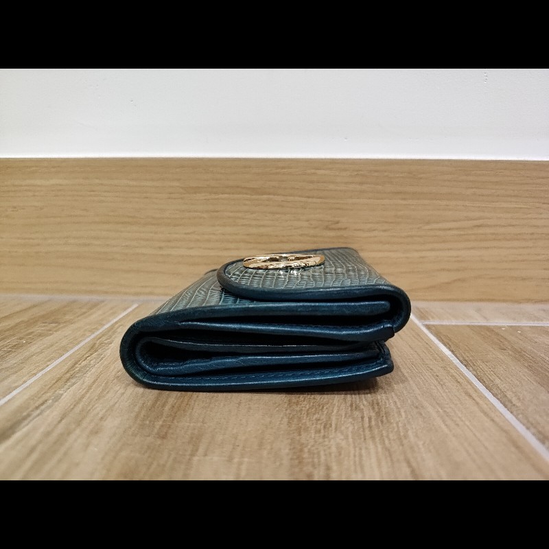 Gucci  GG LOGO 礦石綠色牛皮 蜥蜴皮紋 金釦 短夾 錢包 零錢包 信用卡夾 限量商品-9