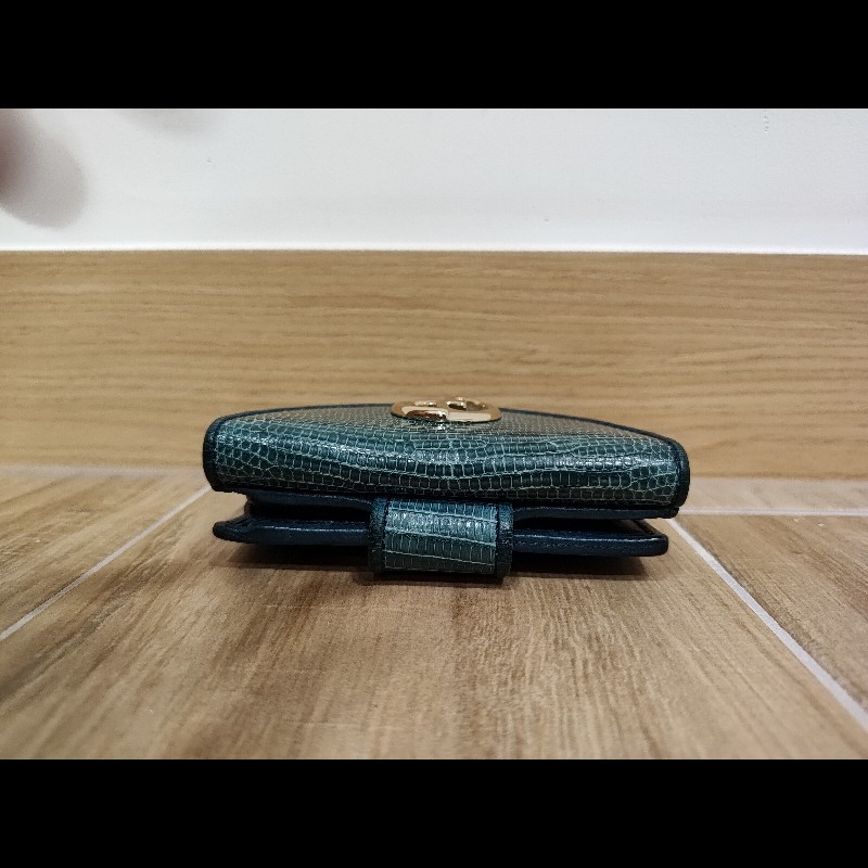 Gucci  GG LOGO 礦石綠色牛皮 蜥蜴皮紋 金釦 短夾 錢包 零錢包 信用卡夾 限量商品-10