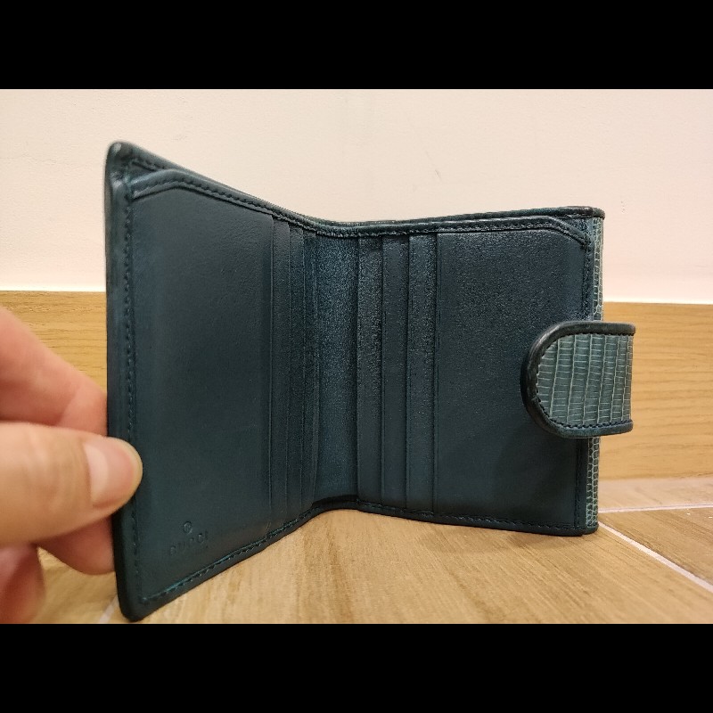 Gucci  GG LOGO 礦石綠色牛皮 蜥蜴皮紋 金釦 短夾 錢包 零錢包 信用卡夾 限量商品-13