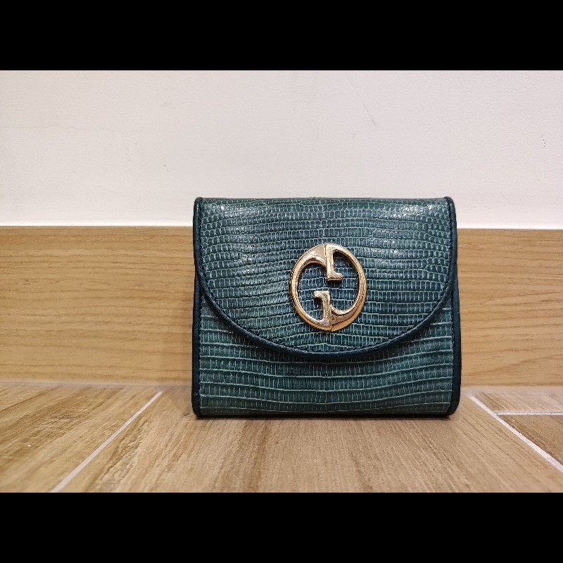 Gucci  GG LOGO 礦石綠色牛皮 蜥蜴皮紋 金釦 短夾 錢包 零錢包 信用卡夾 限量商品-16