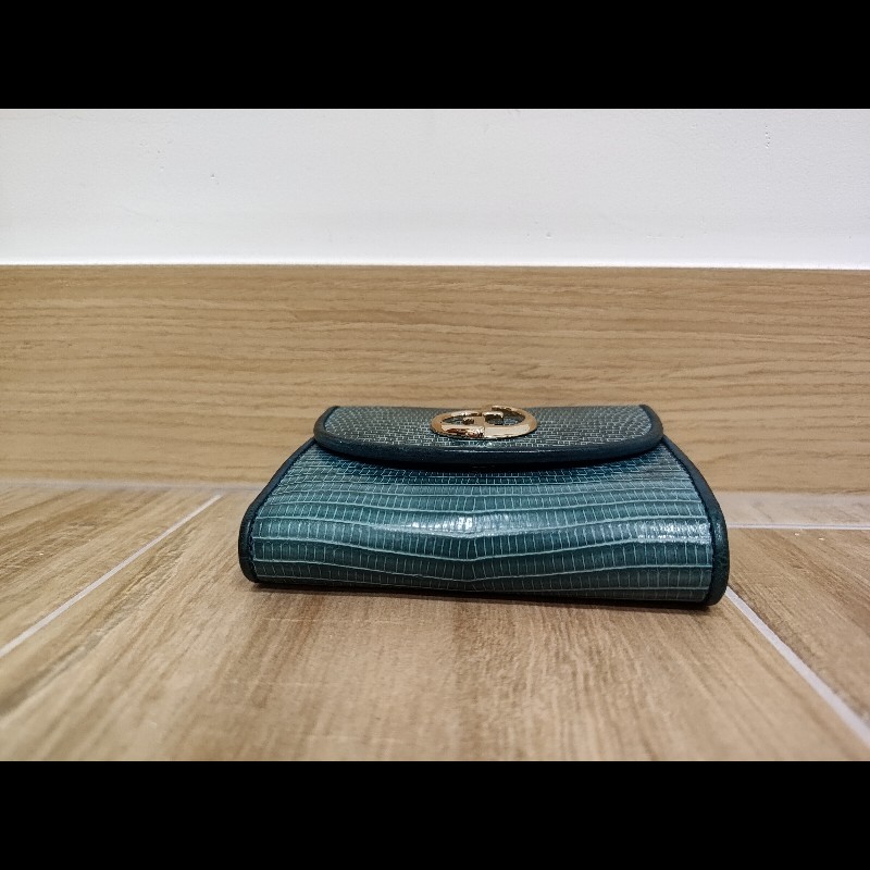 Gucci  GG LOGO 礦石綠色牛皮 蜥蜴皮紋 金釦 短夾 錢包 零錢包 信用卡夾 限量商品-23