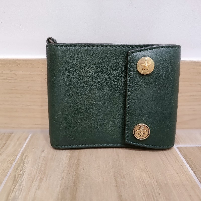 Gucci Bee Star 橄欖綠色牛皮 蜜蜂星星 短夾 皮夾 零錢包 錢包 信用卡夾-14