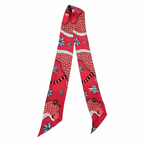 HERMÈS 愛馬仕 CHRISTIANE VAUZELLES LES LEOPARDS TWILLY 絲巾 斜紋真絲 紅色