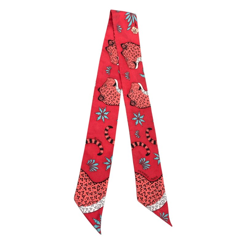 HERMÈS 愛馬仕 CHRISTIANE VAUZELLES LES LEOPARDS TWILLY 絲巾 斜紋真絲 紅色-1