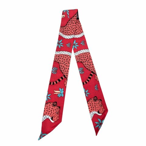 HERMÈS 愛馬仕 CHRISTIANE VAUZELLES LES LEOPARDS TWILLY 絲巾 斜紋真絲 紅色