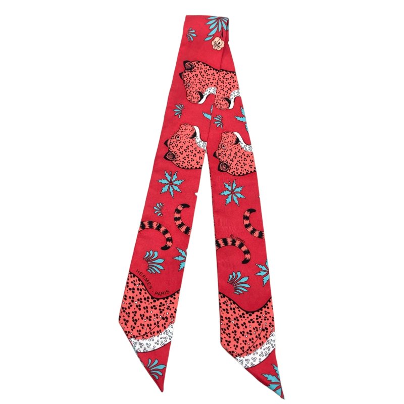 HERMÈS 愛馬仕 CHRISTIANE VAUZELLES LES LEOPARDS TWILLY 絲巾 斜紋真絲 紅色-1