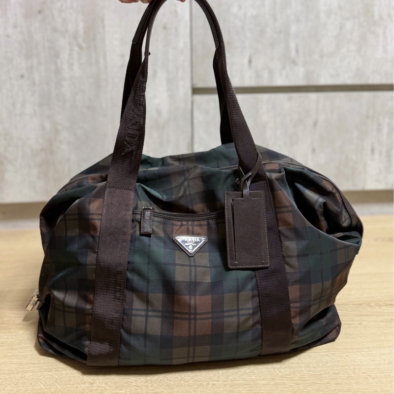 PRADA 咖啡 格紋  尼龍 鎖頭 行李袋 登機包 登機袋 手提包 購物袋 肩背包 側背包-0