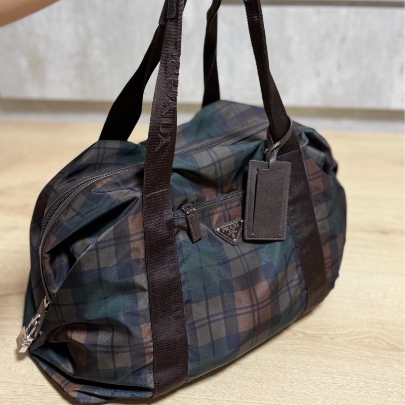 PRADA 咖啡 格紋  尼龍 鎖頭 行李袋 登機包 登機袋 手提包 購物袋 肩背包 側背包-2