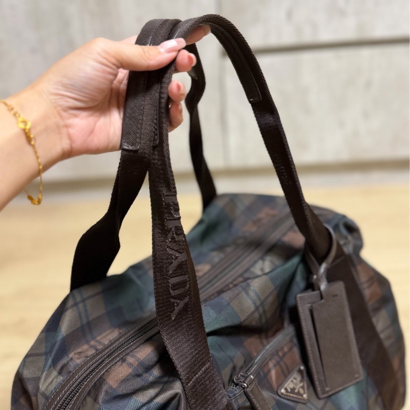 PRADA 咖啡 格紋  尼龍 鎖頭 行李袋 登機包 登機袋 手提包 購物袋 肩背包 側背包-3