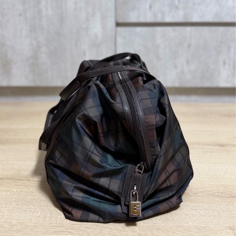 PRADA 咖啡 格紋  尼龍 鎖頭 行李袋 登機包 登機袋 手提包 購物袋 肩背包 側背包-4