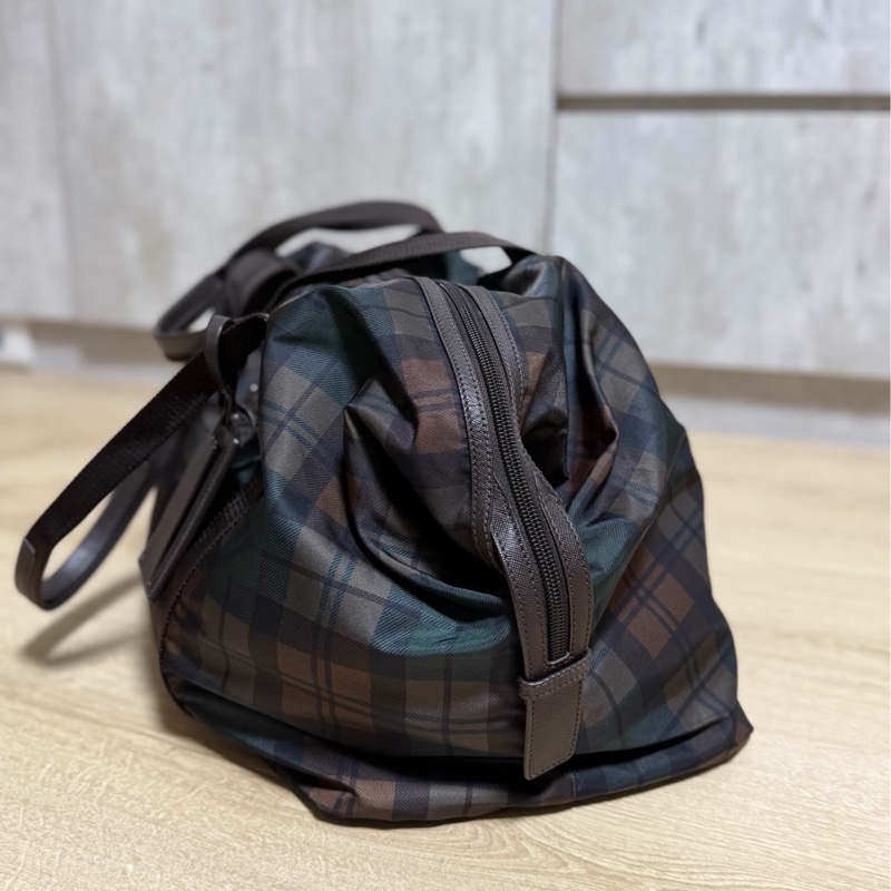 PRADA 咖啡 格紋  尼龍 鎖頭 行李袋 登機包 登機袋 手提包 購物袋 肩背包 側背包-5