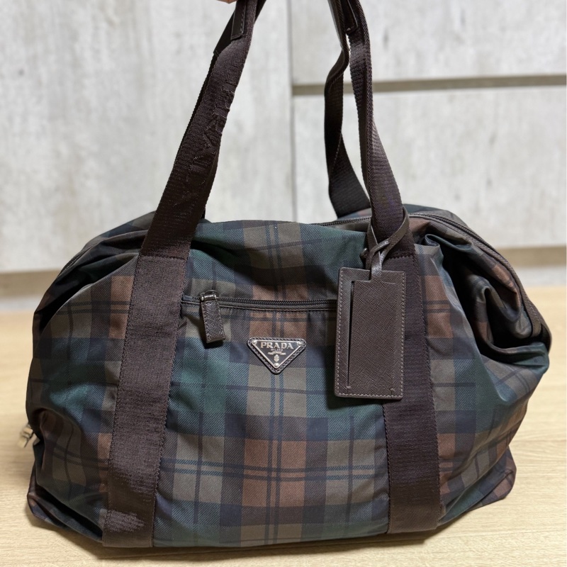 PRADA 咖啡 格紋  尼龍 鎖頭 行李袋 登機包 登機袋 手提包 購物袋 肩背包 側背包-8